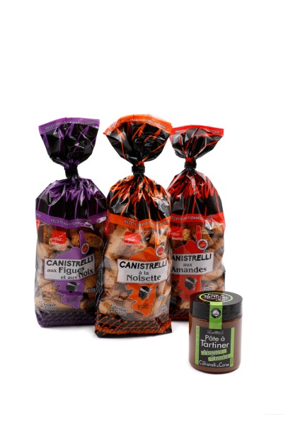 PACK 3 Canistrelli Amandes-Noisettes-Figues et noix + 1 Pâte à tartiner noisette-choco-canistrelli