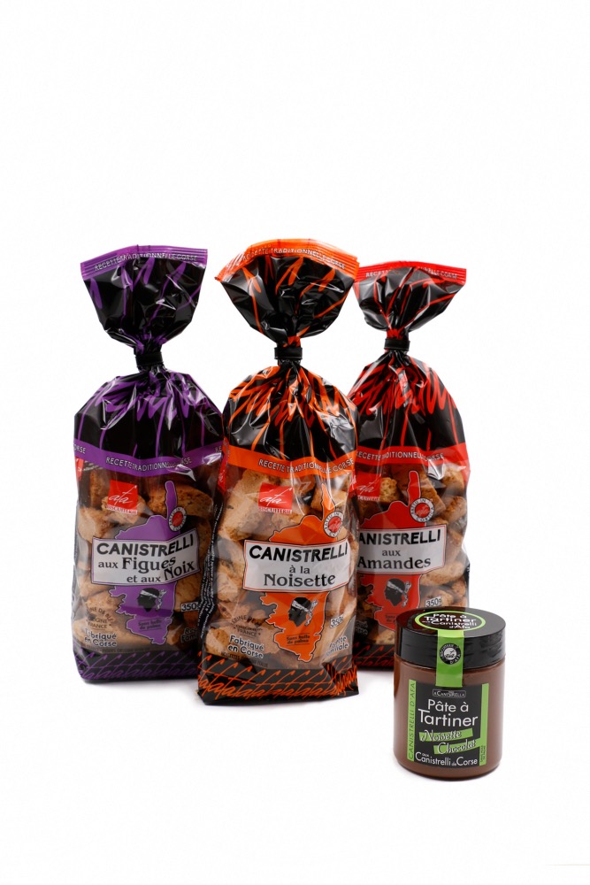 PACK 3 Canistrelli Amandes-Noisettes-Figues et noix + 1 Pâte à tartiner noisette-choco-canistrelli